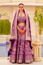 Exclusive latest Purple designer Lehenga in pure pv silk and foil print with detailed embroidery, hand and mirror work